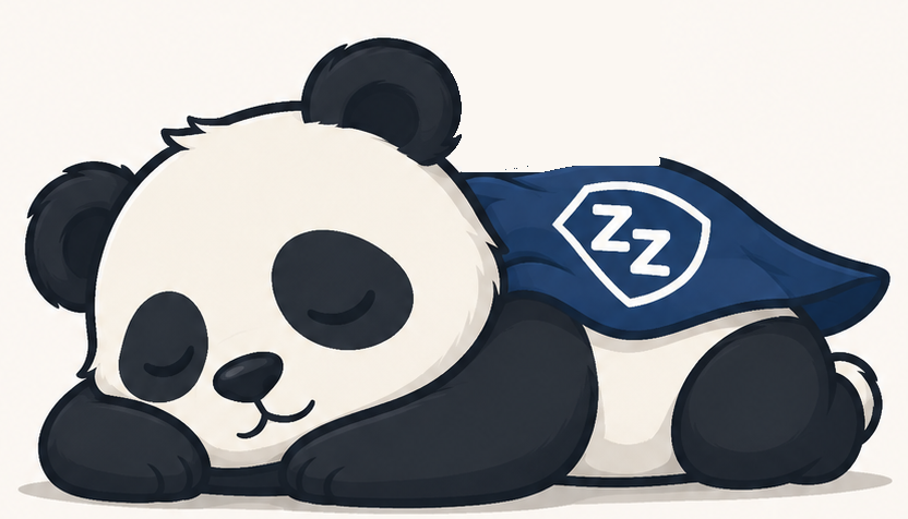 A sleeping panda wearing a superhero cape with a ZZ shield